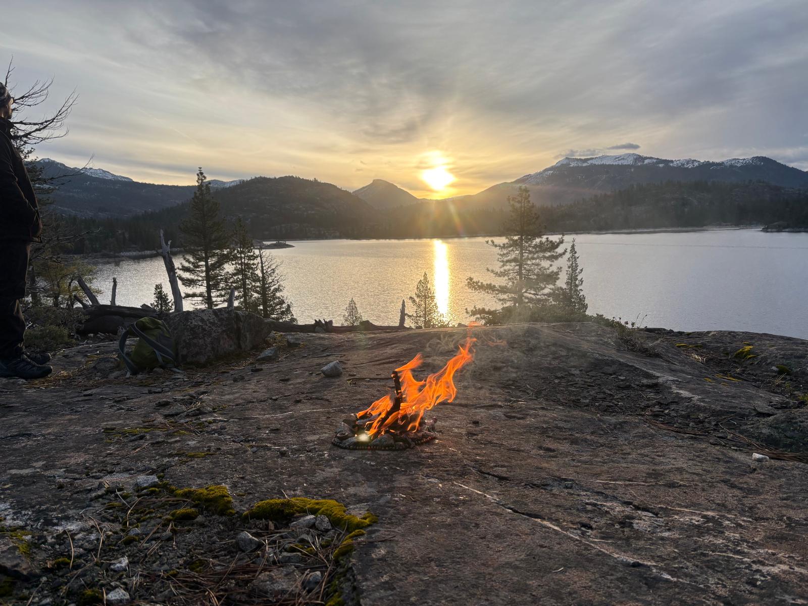 Fire ceremony at sunset — wilderness quest and threshold ritual, Shasta-Trinity National Forest